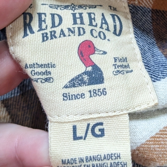 ✨3/$15 Red Head orange blue cream plaid flannel 100% cotton button up L - Picture 8 of 8